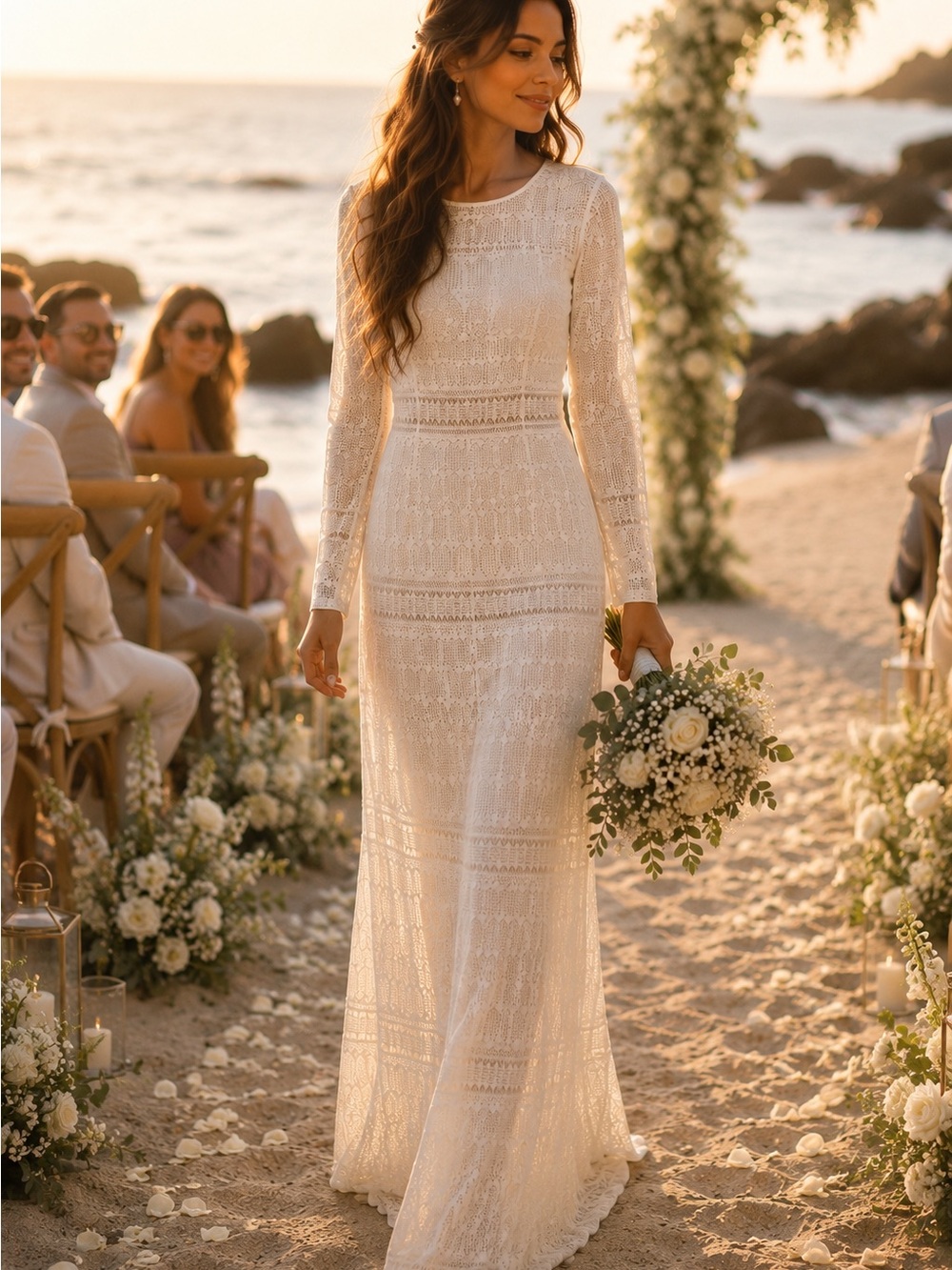 Marciano Long-Sleeve Lace Bridal Gown in Cream
